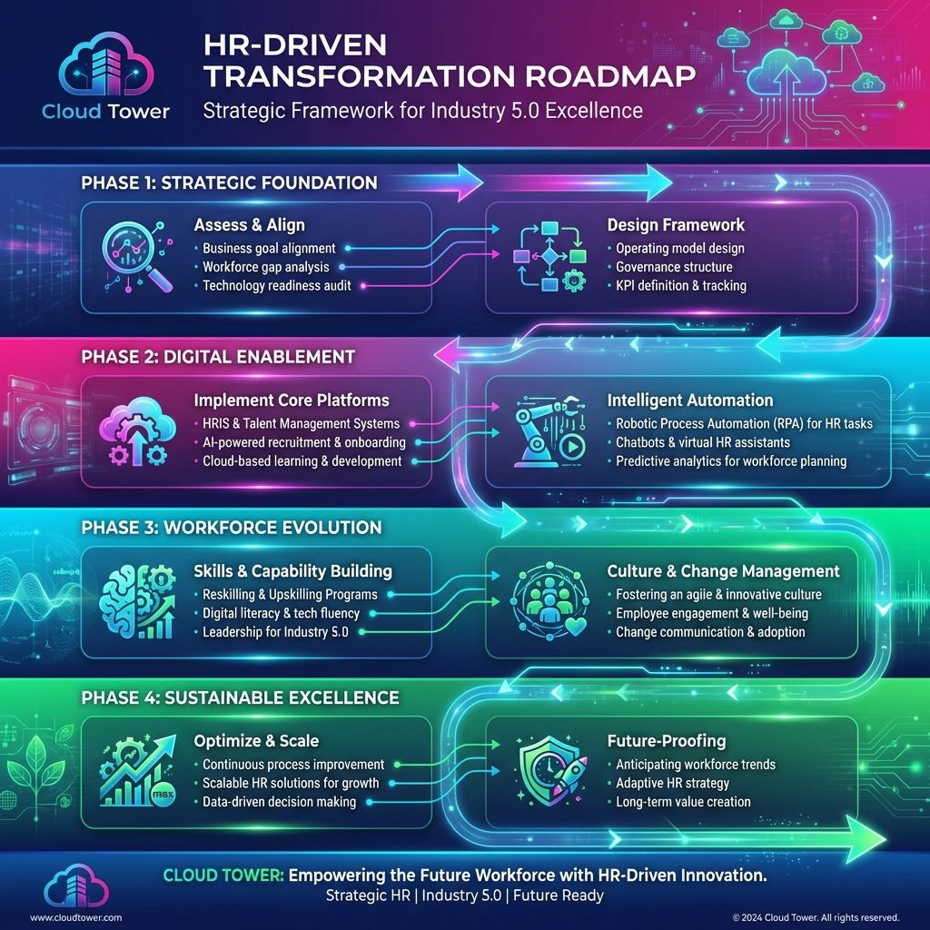 HR-Driven Transformation Roadmap - Strategic Framework for Industry 5.0 Excellence with 4 phases: Strategic Foundation, Digital Enablement, Workforce Evolution, and Sustainable Excellence
