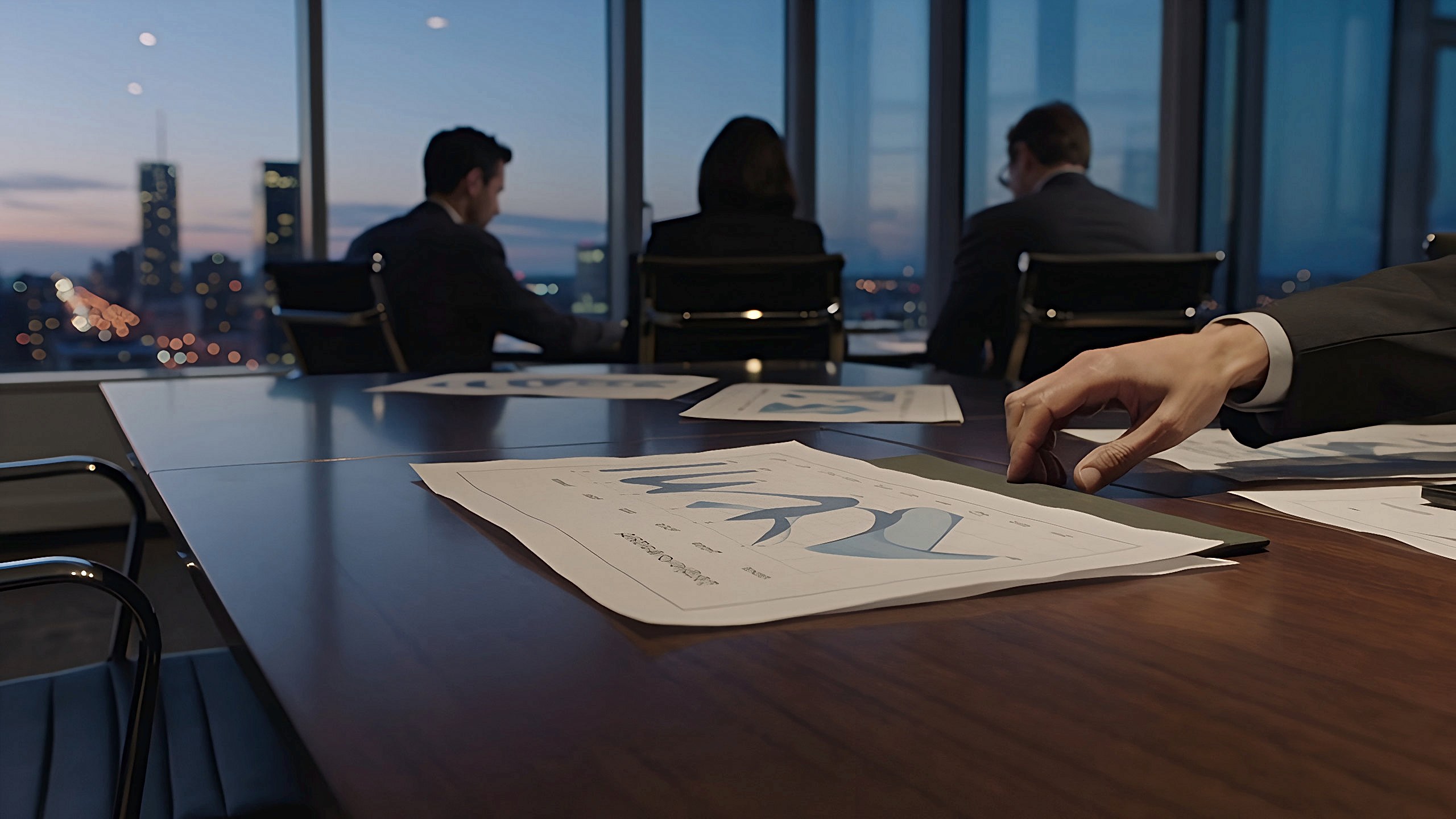 Executive boardroom overlooking a city skyline