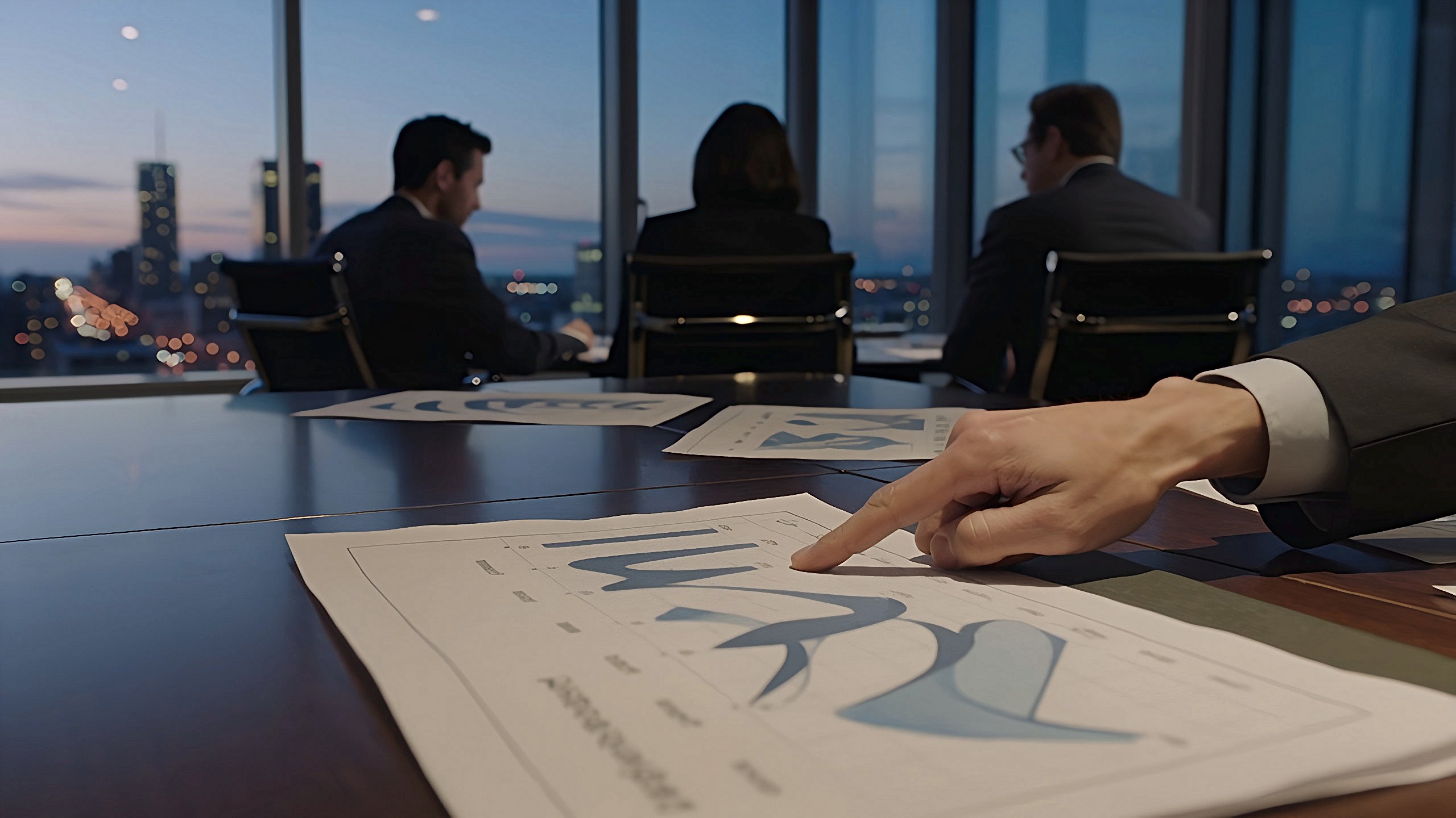 Strategy discussion at a conference table with city view