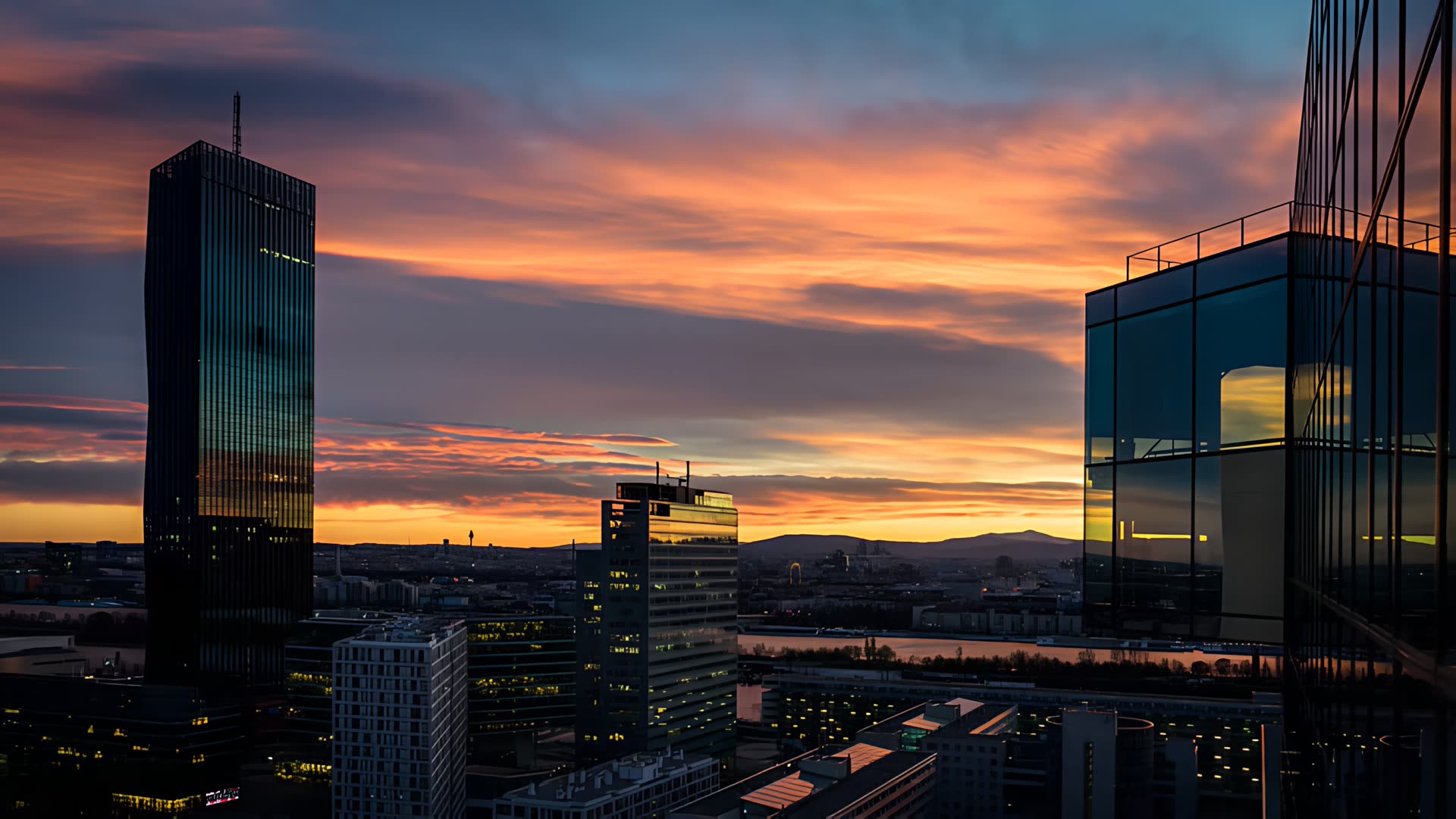 Glass city towers during dusk